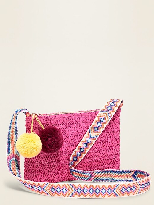 View large product image 1 of 1. Pom-Pom Straw Crossbody Bag for Girls