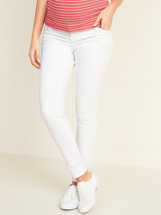 View large product image 1 of 3. Maternity Premium Full-Panel Rockstar Super Skinny White Jeans