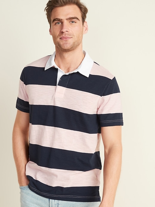 View large product image 1 of 1. Bold-Stripe Slub-Knit Short-Sleeve Rugby Polo