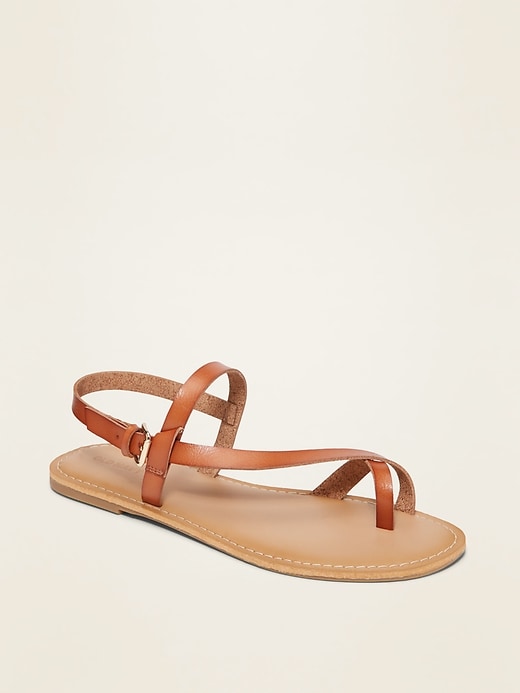 View large product image 1 of 1. Faux-Leather Asymmetric Cross-Strap Sandals