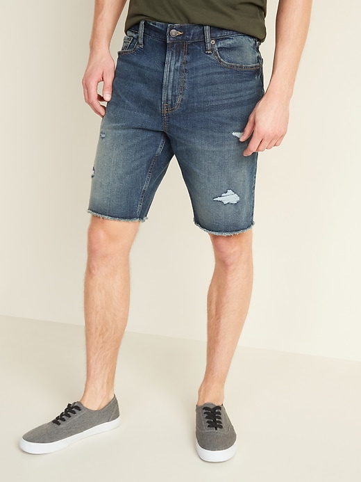 View large product image 1 of 2. Slim Built-In Flex Distressed Cut-Off Jean Shorts -- 9-inch inseam