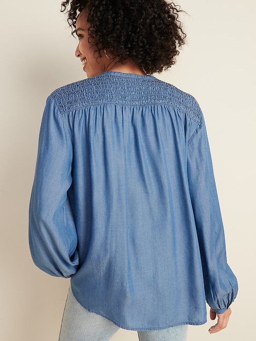 Image number 2 showing, Oversized Smocked-Yoke Chambray Shirt for Women