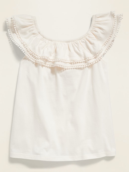 View large product image 1 of 1. Tiered Pom-Pom Ruffle Off-the-Shoulder Top for Girls
