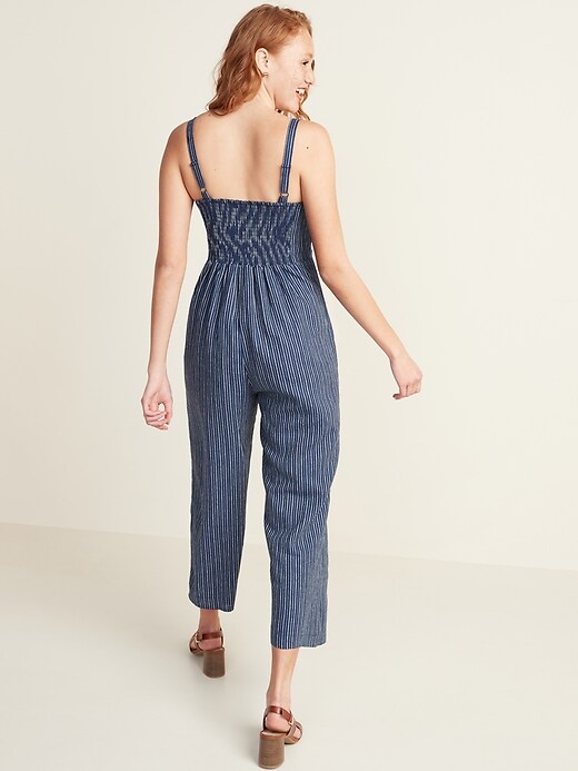 Image number 2 showing, Button-Front Linen-Blend Striped Cami Jumpsuit for Women