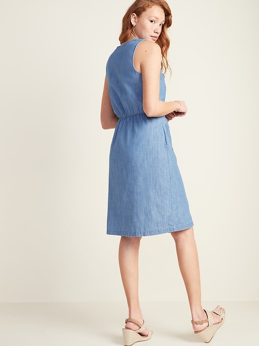 Image number 2 showing, Sleeveless Fit & Flare Chambray Button-Front Dress for Women