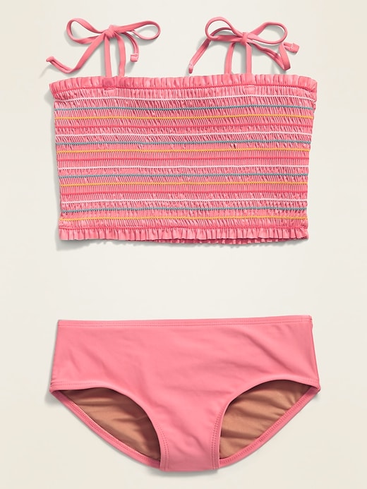 View large product image 2 of 2. Smocked Tie-Shoulder Tankini Swim Set for Girls
