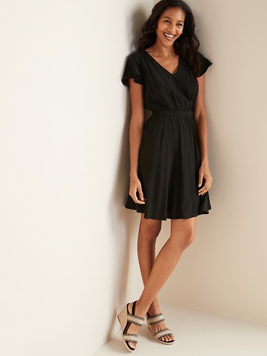 View large product image 1 of 1. Waist-Defined V-Neck Flutter-Sleeve Dress for Women