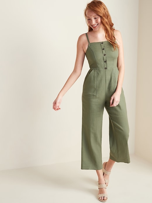Image number 1 showing, Button-Front Linen-Blend Cami Jumpsuit for Women