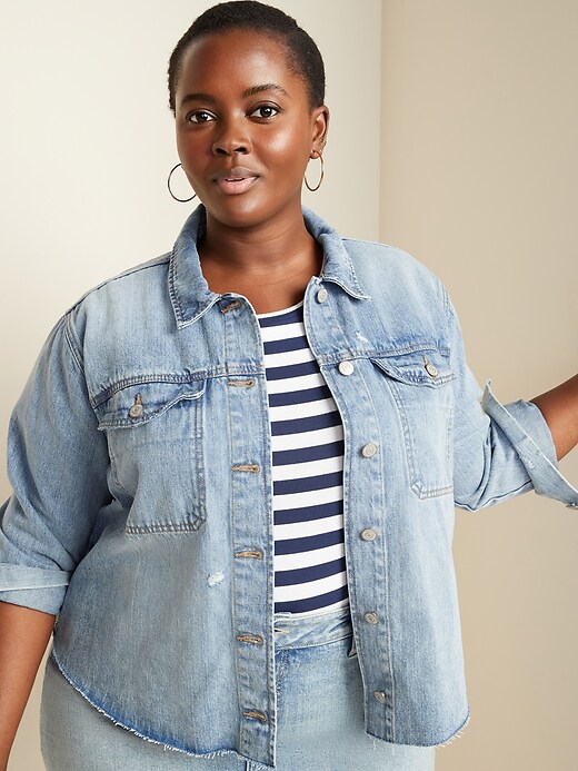 Image number 1 showing, Cropped Cut-Off Plus-Size Jean Jacket