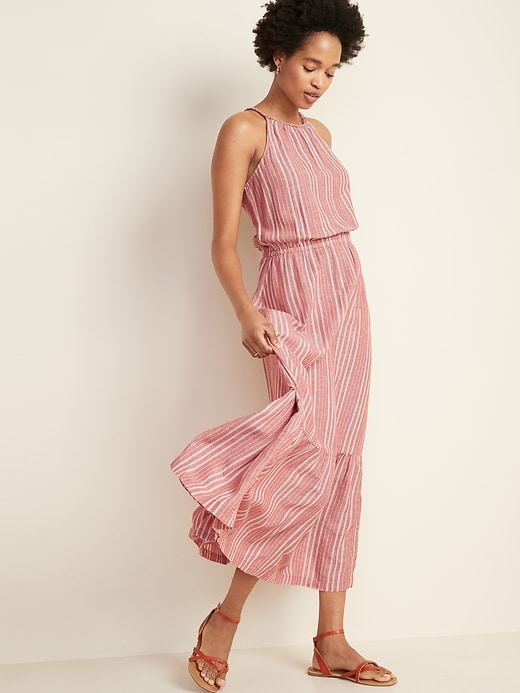 Image number 1 showing, Waist-Defined Braided-Strap Dobby Stripe Maxi Sundress for Women
