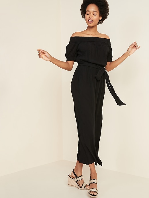 View large product image 1 of 1. Off-the-Shoulder Crinkle-Crepe Tie-Belt Jumpsuit for Women