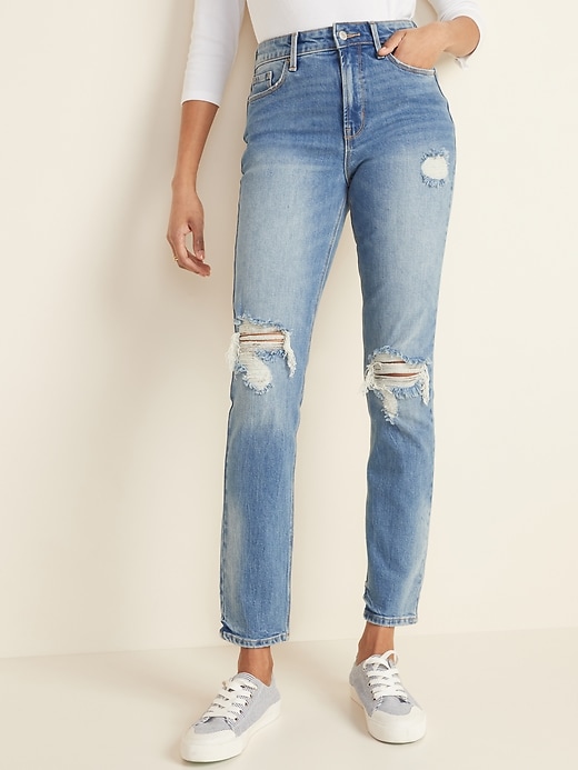 Image number 1 showing, High-Waisted Distressed Power Slim Straight Jeans For Women