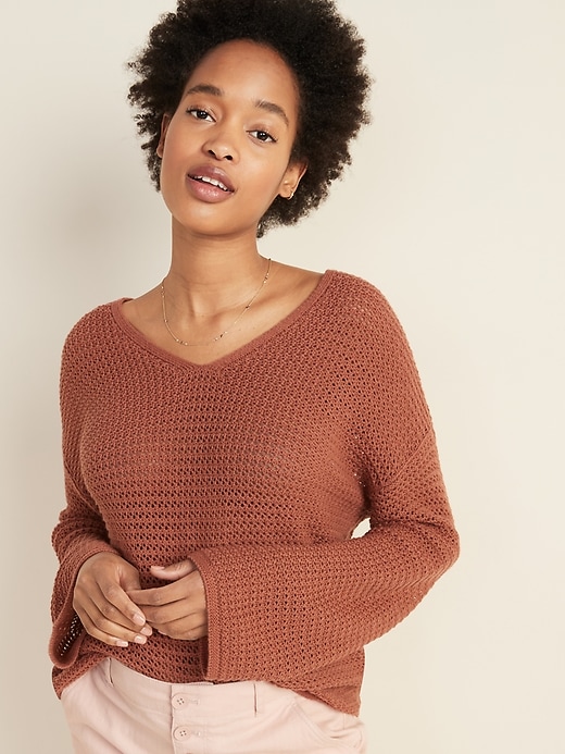 Image number 1 showing, Slouchy Crochet V-Neck Sweater for Women