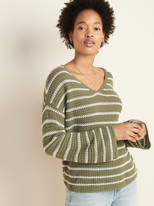 View large product image 1 of 1. Slouchy Crochet V-Neck Sweater for Women
