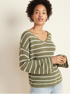 Slouchy Crochet V-Neck Sweater for Women