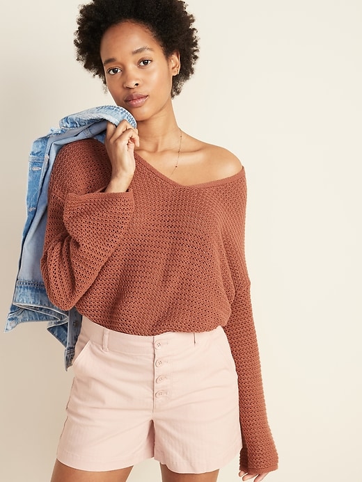 Image number 4 showing, Slouchy Crochet V-Neck Sweater for Women
