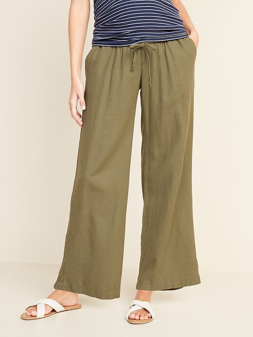 View large product image 1 of 3. Maternity Rollover-Waist Linen-Blend Pants
