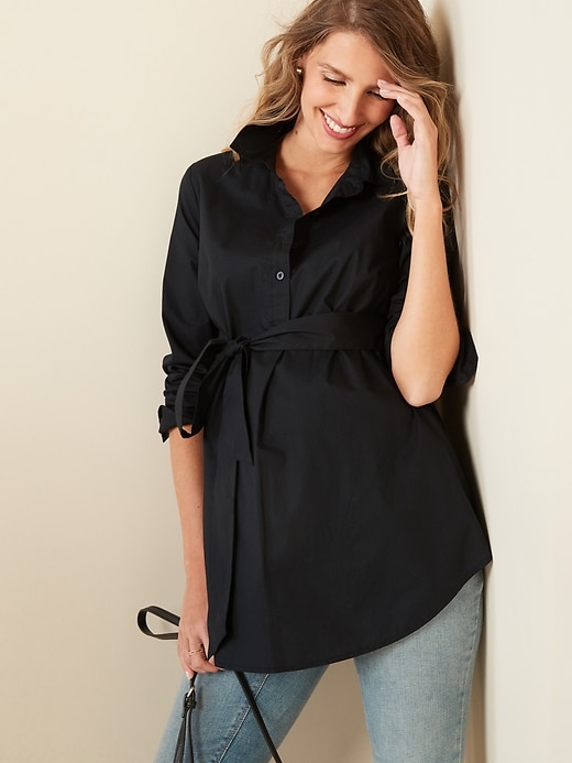 Image number 4 showing, Maternity Tie-Belt  Popover Stretch Tunic Shirt
