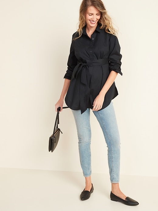 Image number 3 showing, Maternity Tie-Belt  Popover Stretch Tunic Shirt