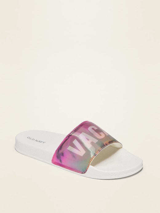 View large product image 1 of 4. Holographic Faux-Leather Pool Slides for Girls