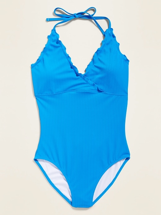 View large product image 1 of 1. Textured-Rib Lettuce-Edge One-Piece Halter Swimsuit