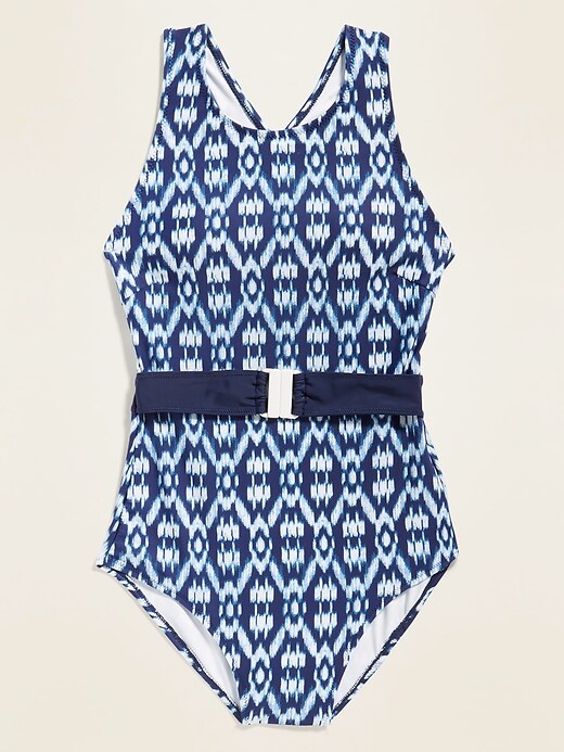 View large product image 1 of 1. High-Neck Printed One-Piece Belted Swimsuit