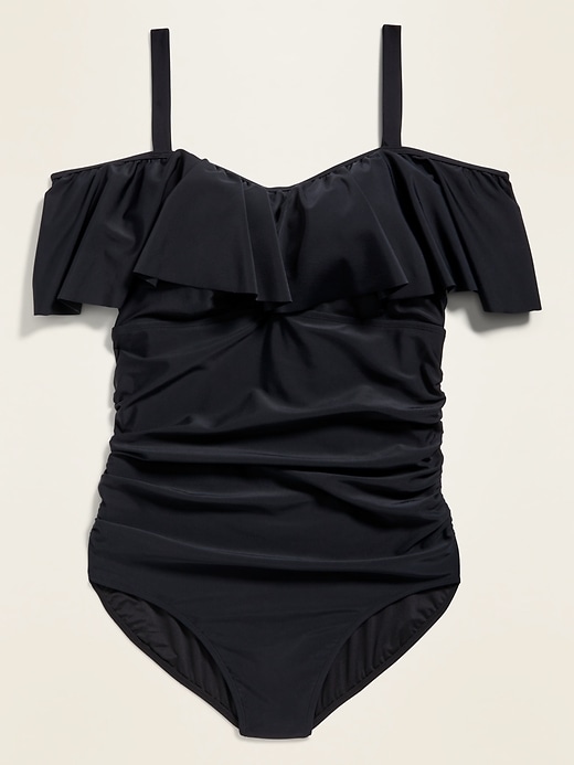 View large product image 1 of 1. Ruffled Off-the-Shoulder Secret-Slim Plus-Size One-Piece Swimsuit