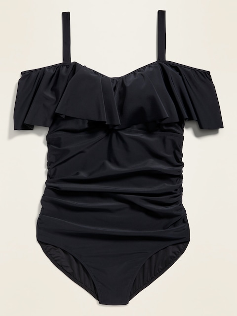 Ruffled Off-the-Shoulder Secret-Slim Plus-Size One-Piece Swimsuit - Ebony