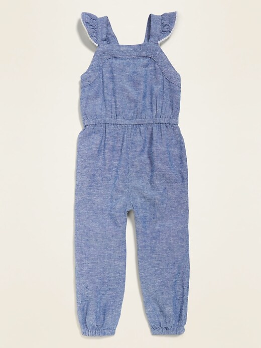 View large product image 1 of 1. Linen-Blend Flutter-Sleeve Jumpsuit for Toddler Girls