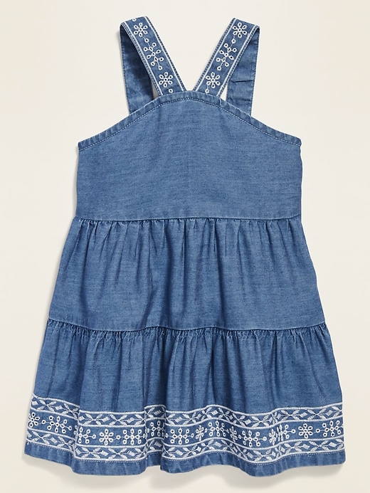 View large product image 1 of 1. Sleeveless Embroidered-Trim Tiered Chambray Dress for Baby