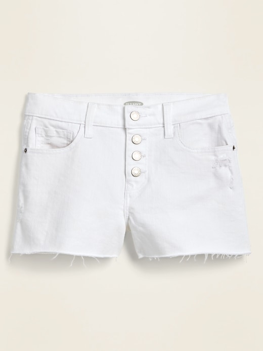 View large product image 1 of 1. Mid-Rise Button-Fly Boyfriend White Cut-Off Jean Shorts for Women -- 3-inch inseam.