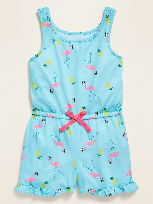 View large product image 1 of 1. Sleeveless Printed Jersey Pajama Romper for Girls
