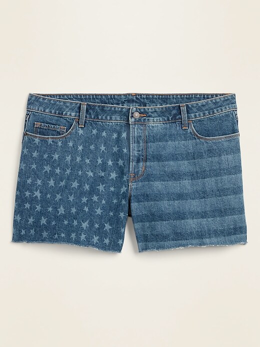 View large product image 1 of 1. High-Waisted Secret-Slim Pockets Americana Plus-Size Cut-Off Jean Shorts -- 5-inch inseam