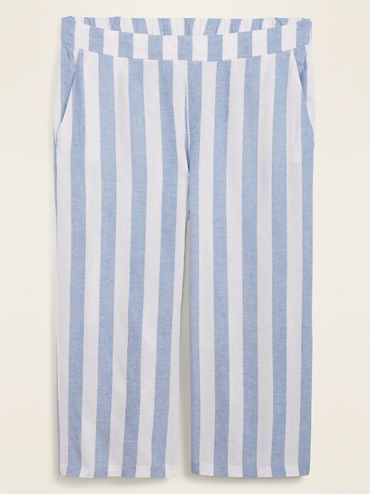 View large product image 1 of 1. High-Waisted Striped Linen-Blend Plus-Size Culotte Pants
