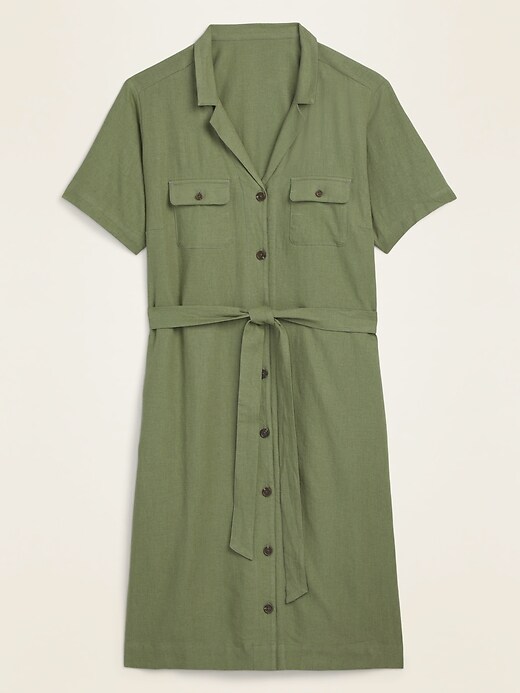 View large product image 1 of 1. Linen-Blend No-Peek Tie-Belt Plus-Size Shirt Dress