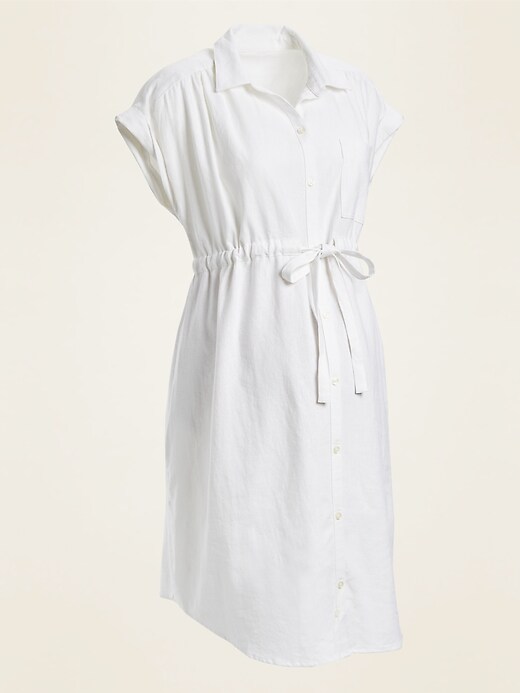 View large product image 1 of 1. Maternity Linen-Blend Tie-Belt Shirt Dress