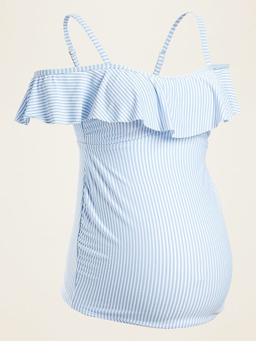 View large product image 1 of 2. Maternity Ruffled Off-the-Shoulder Seersucker Tankini Swim Top