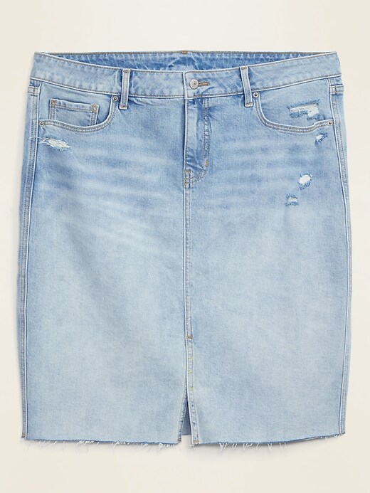 View large product image 1 of 1. High-Waisted Secret-Slim Pockets Distressed Plus-Size Jean Skirt