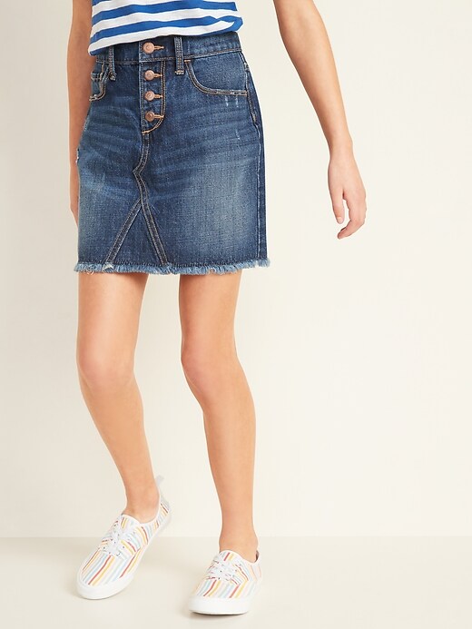 View large product image 1 of 3. High-Waisted Button-Fly Frayed-Hem Jean Skirt for Girls