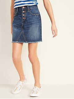 High-Waisted Button-Fly Frayed-Hem Jean Skirt for Girls