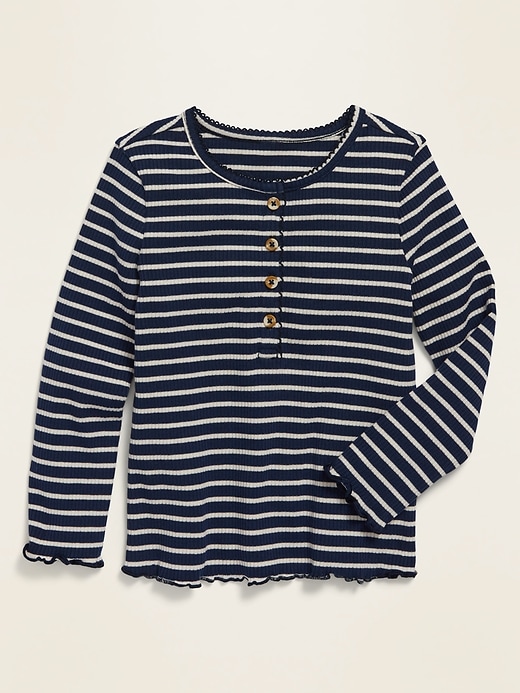 View large product image 1 of 1. Striped Rib-Knit Lettuce-Edged Henley for Toddler Girls