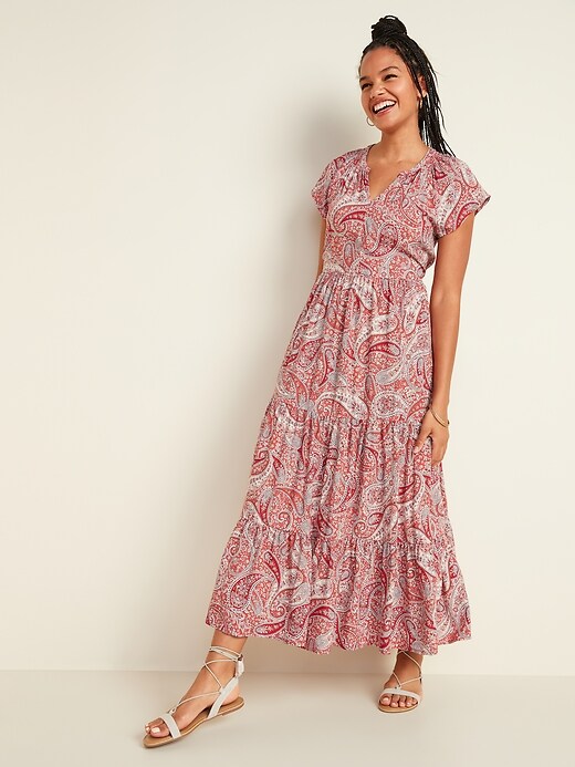 View large product image 1 of 2. Waist-Defined Printed Tiered-Hem Maxi Dress for Women