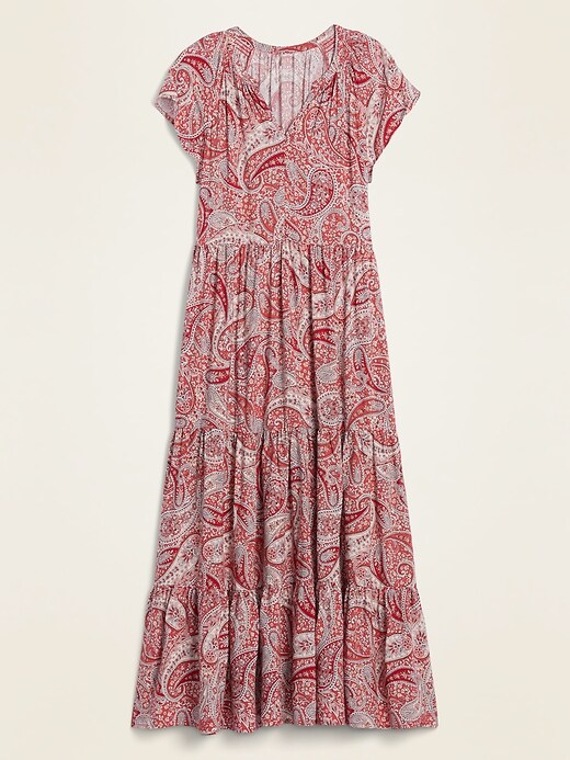 View large product image 2 of 2. Waist-Defined Printed Tiered-Hem Maxi Dress for Women