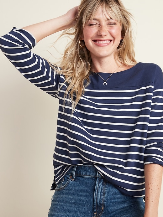 View large product image 1 of 2. Thick-Knit Striped 3/4-Sleeve Boat-Neck Tee for Women