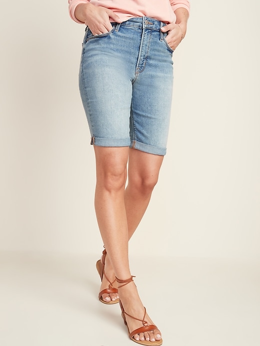 View large product image 1 of 3. High-Waisted Cuffed Bermuda Jean Shorts for Women -- 9-inch inseam
