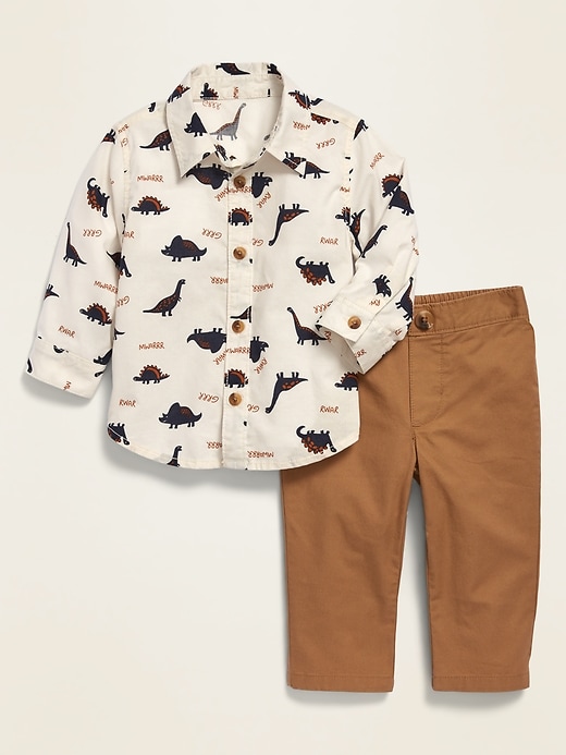 View large product image 1 of 1. Unisex Printed Poplin Shirt & Twill Pants Set for Baby