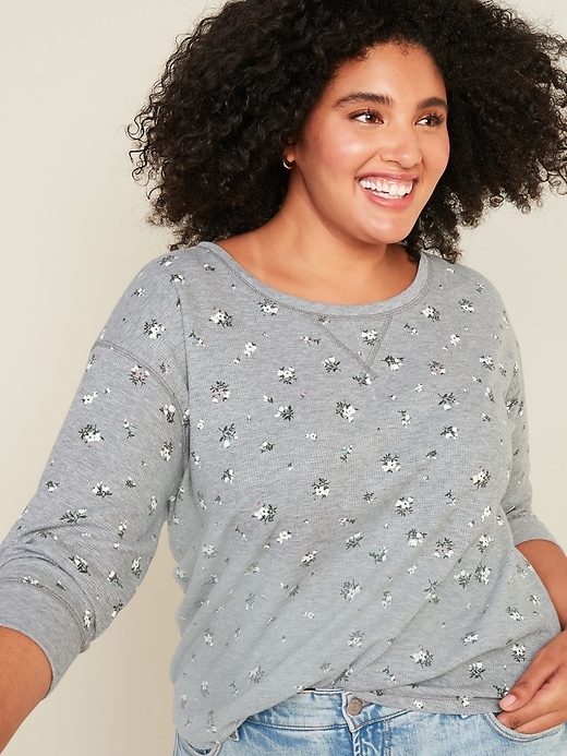 View large product image 1 of 3. Floral-Print Thermal-Knit Plus-Size Long-Sleeve Tee