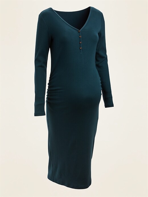 View large product image 1 of 1. Maternity Rib-Knit Henley Midi Dress