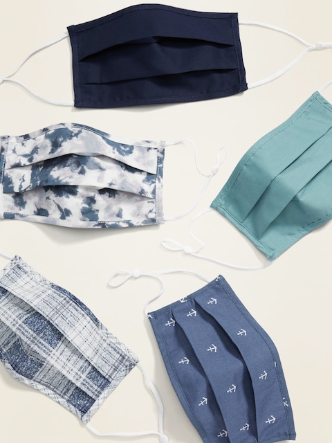 Variety 5-Pack of Triple-Layer Cloth Pleated Face Masks for Adults (with Ear Adjusters)