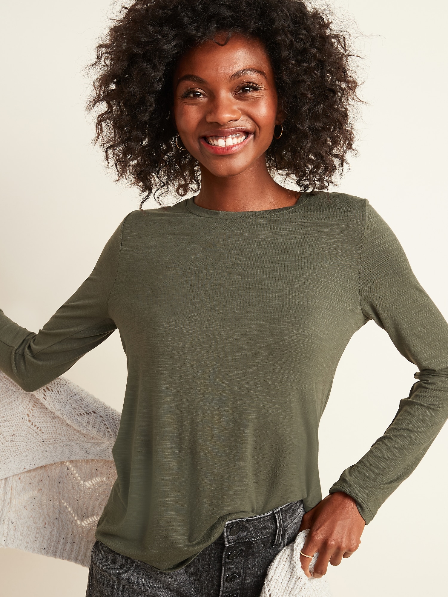 Luxe Crew-Neck Slub-Knit Long-Sleeve Tee for Women